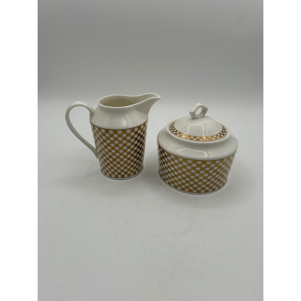 Mikasa Creamer and Sugar Bowl Set Ultima Plus Vassar Gold Checkered Fine China